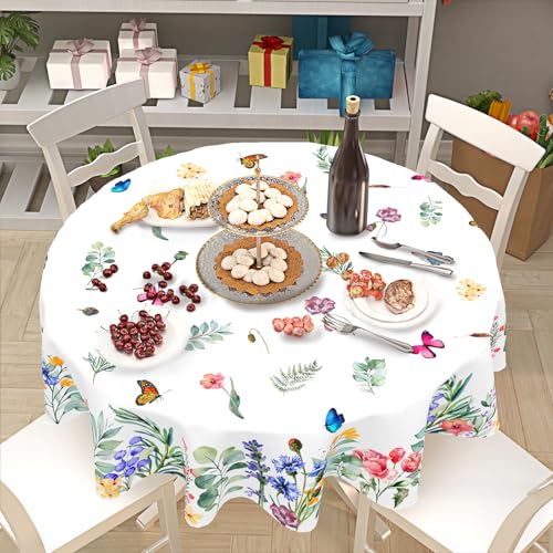 ABSOP Spring Summer Floral Tablecloth Round 60 Inch Watercolor Butterfly Flower Table Cloth Washable Farmhouse Table Covers for Kitchen Holiday Picnic Party Dinner Room Picnic Indoor Outdoor Decor - Image 5
