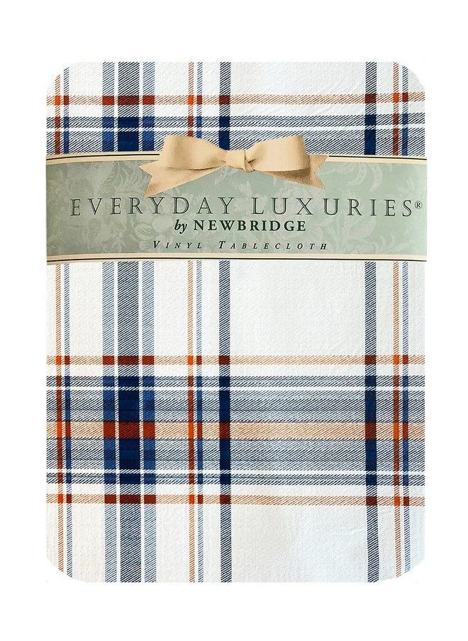 Newbridge - Blue Rustic Mountain Plaid Vinyl Flannel Backed Tablecloth Stonewashed Blue And Rust Country Plaid Easy Care Vinyl Tablecloth 70” Round - Image 1