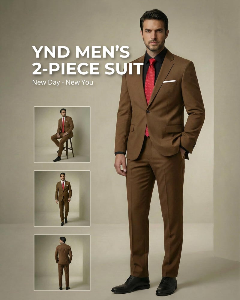 YND Men's 2 Piece Suit with Tie, One Button Slim Fit Solid Jacket and Pants Set, Suits for Men Prom Party Wedding & Business, Khaki - Image 2
