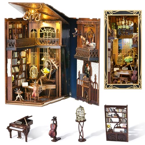 CCCDF Book Nook Kit DIY Miniature Dollhouse Booknook Kit 3D Wooden Puzzle Bookend Bookshelf Insert Decor with LED Light for Teens and Adults Pianist with Nightingale - Image 1