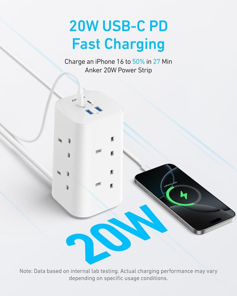 Anker Tower Extension Lead with USB Slots, 12-in-1 Surge Protector Plug Extension Socket with Switch (13A, 2990W), 20W USB C Fast Charging Power Strip, 8 AC Outlets, 4 USB Ports, 2m Extension Cable - Image 2