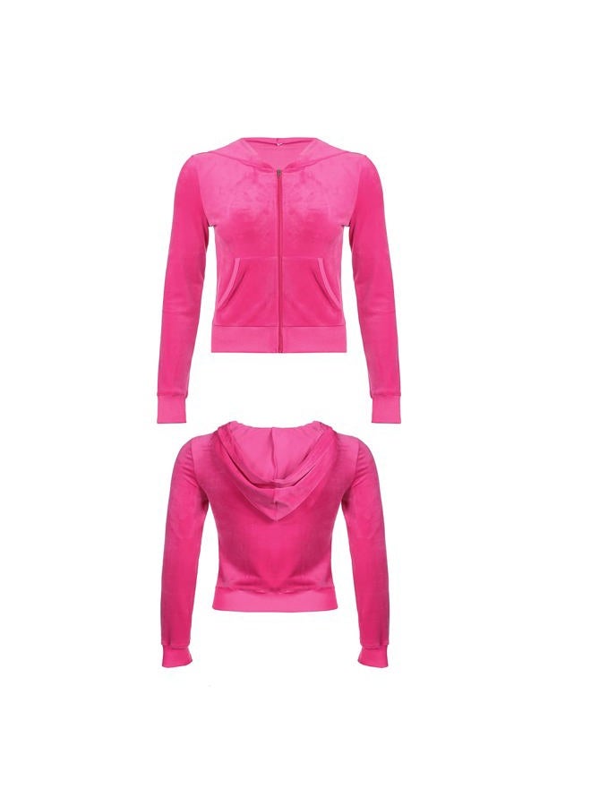 HBER Women's 2 Piece Velour Tracksuit Set Heart Print Long Sleeve Zipper Hoodie Cropped Jacket and Sweatpants Y2K Sweatsuit Set (B-Pink, Small) - Image 4