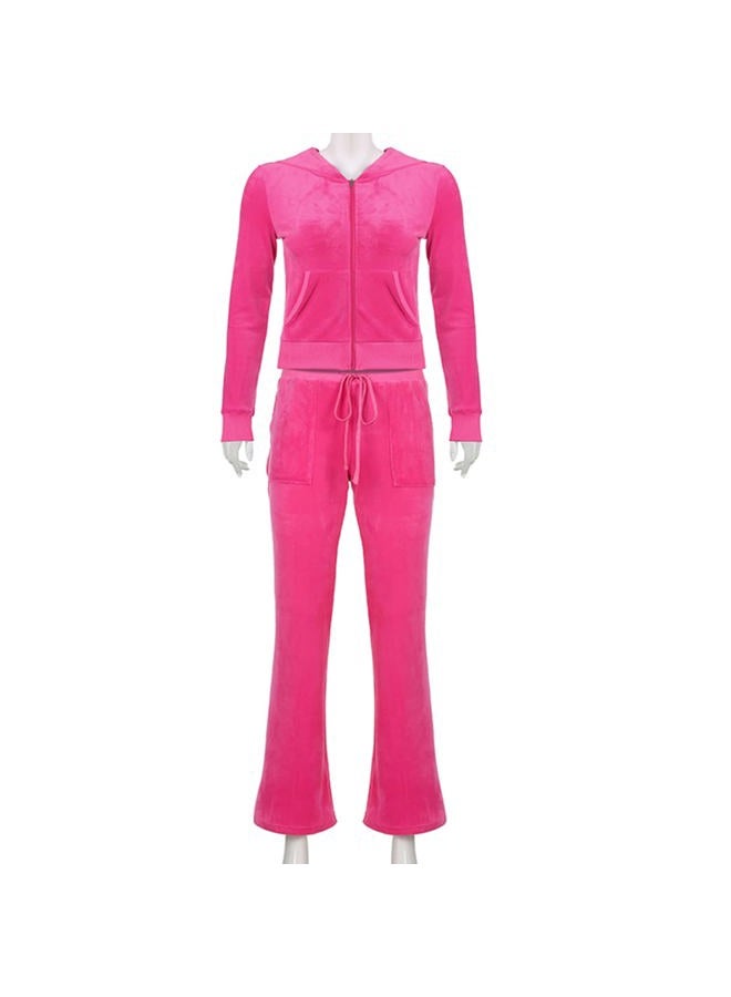 HBER Women's 2 Piece Velour Tracksuit Set Heart Print Long Sleeve Zipper Hoodie Cropped Jacket and Sweatpants Y2K Sweatsuit Set (B-Pink, Small) - Image 2