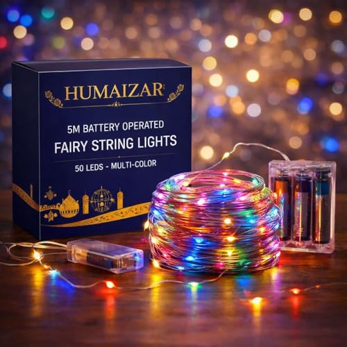 HUMAIZAR Multi-Color Battery Operated Fairy Lights – Decorative LED String Lights for Ramadan Decorations, Mother’s Day Gift, Christmas, Birthday Party, Bedroom, Room Decor, Gift Hampers, (Pack of 1) - Image 1