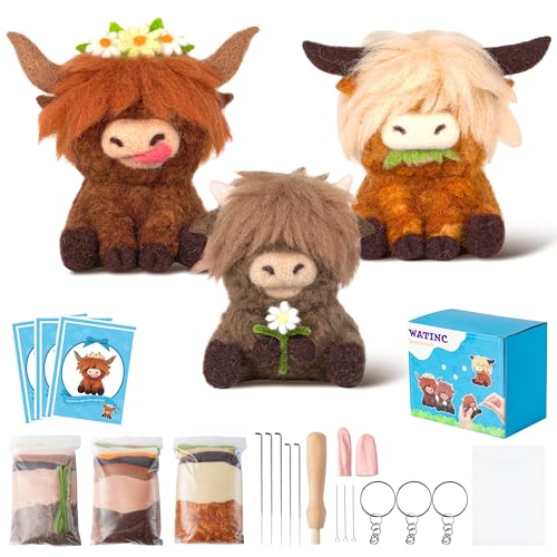 WATINC Needle Felting Kit - 3 Set Unique Different Cute Doll Wool Felt Needle Tools Foam Pad Instruction, DIY Home Decoration Craft Party Supplies for Art Work Starter Beginners (Highland Cow) - Image 1