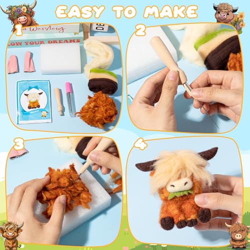 WATINC Needle Felting Kit - 3 Set Unique Different Cute Doll Wool Felt Needle Tools Foam Pad Instruction, DIY Home Decoration Craft Party Supplies for Art Work Starter Beginners (Highland Cow) - Image 3