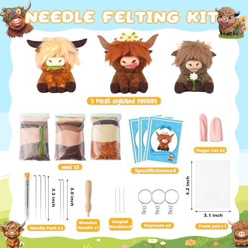 WATINC Needle Felting Kit - 3 Set Unique Different Cute Doll Wool Felt Needle Tools Foam Pad Instruction, DIY Home Decoration Craft Party Supplies for Art Work Starter Beginners (Highland Cow) - Image 2