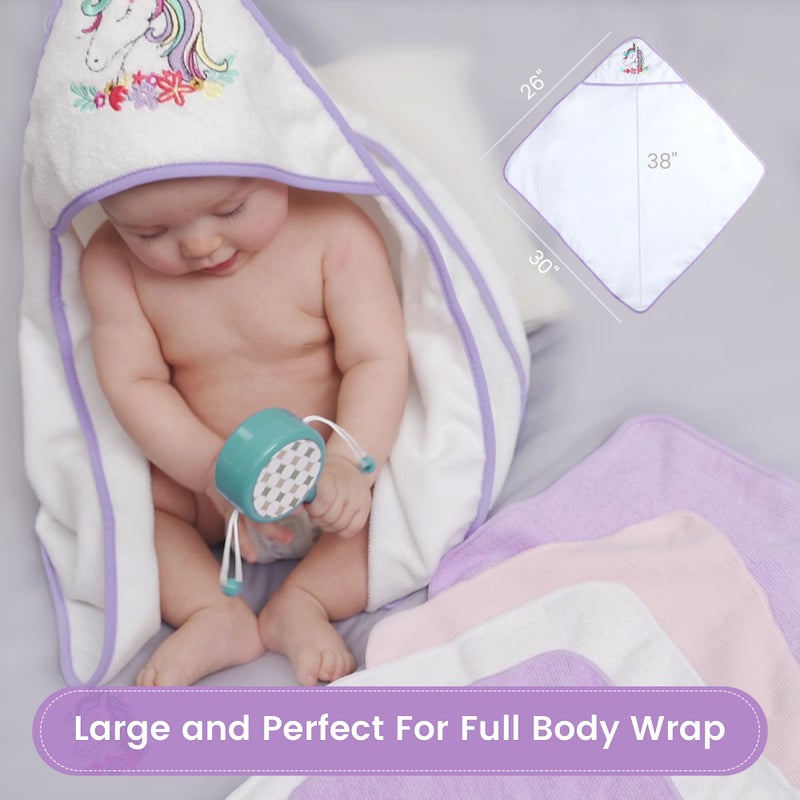 Viviland Baby Towels and Washcloths, Soft Absorbent Purple Baby Bath Towel Set, Unicorn Hooded Towels with 5 Infant Face Washcloths (6 Pieces) - Image 2