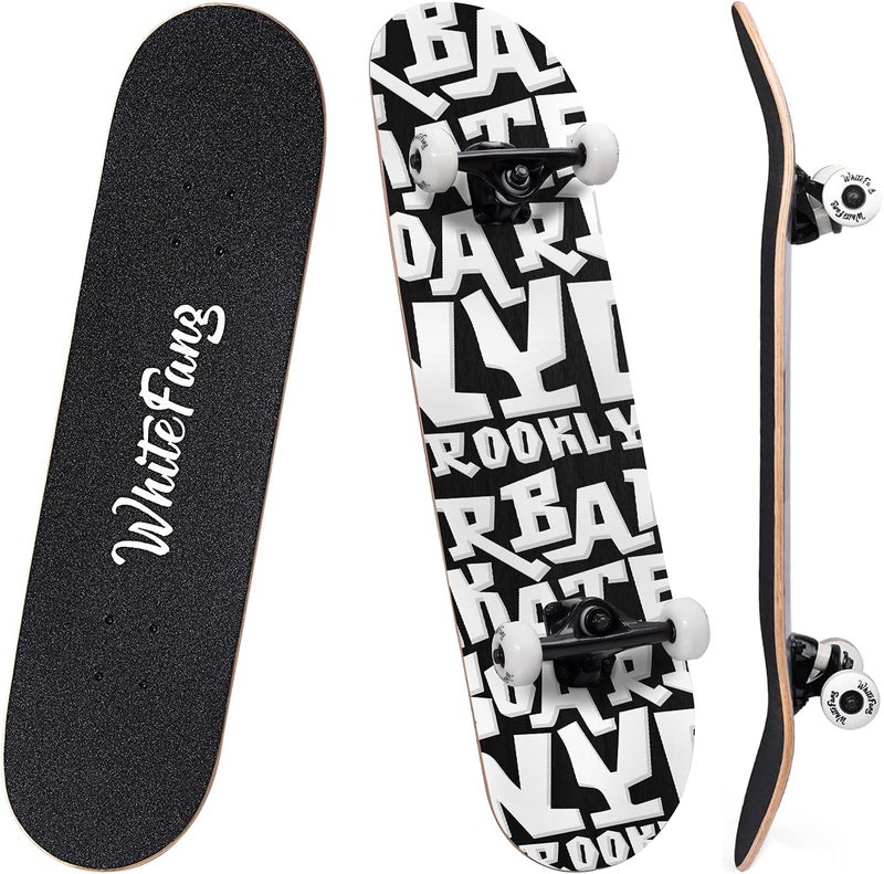 WhiteFang Skateboards for Beginners, Complete Skateboard 31 x 7.88, 7 Layer Canadian Maple Double Kick Concave Standard and Tricks Skateboards for Kids and Beginners - Image 1