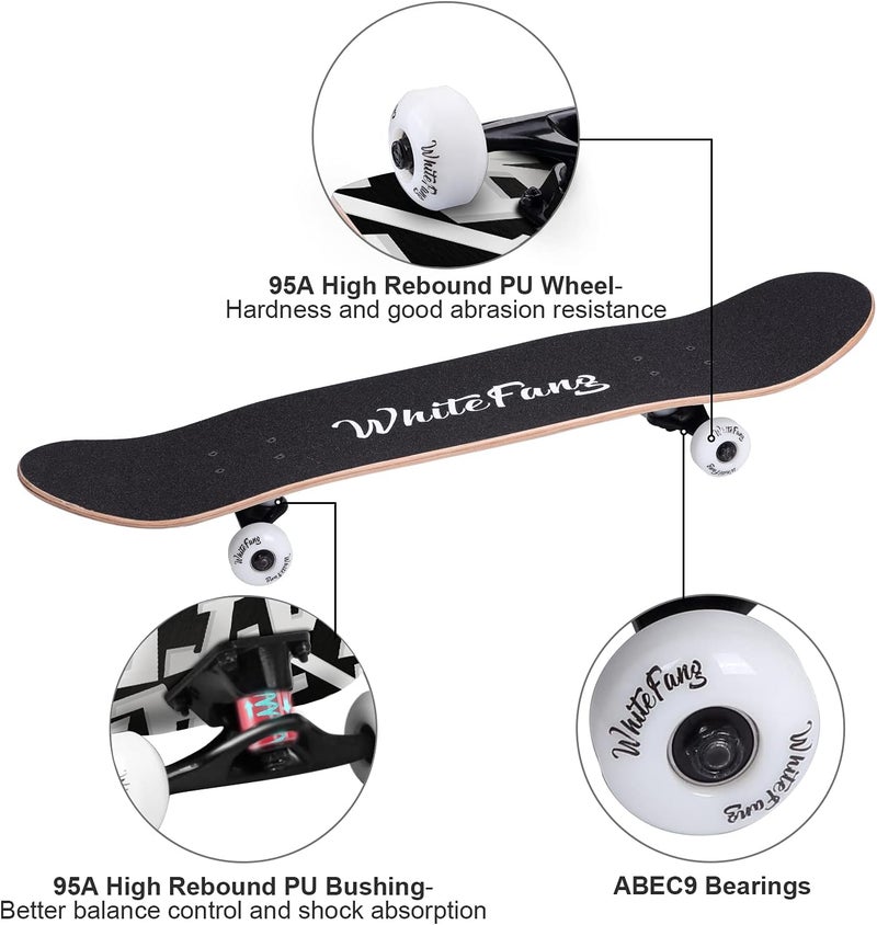 WhiteFang Skateboards for Beginners, Complete Skateboard 31 x 7.88, 7 Layer Canadian Maple Double Kick Concave Standard and Tricks Skateboards for Kids and Beginners - Image 5