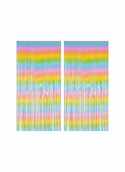 Rainbow Foil Fringe Curtain, 2PCS 3.28FT x 6.56FT Metallic Tinsel Door Curtains Photo Booth Backdrop