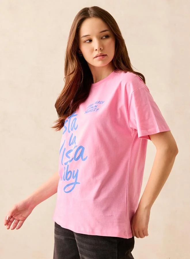 Outzidr  Pink Crew Neck Graphic T-Shirt for Women | Best Price UAE
