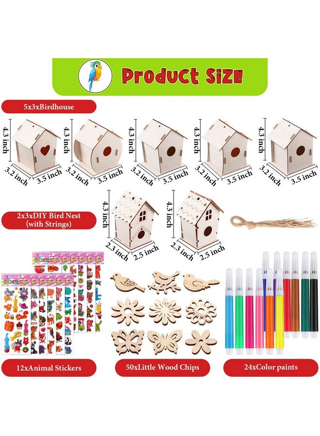 Tuanse 107 Pcs Wooden Birdhouse Diy Kits Includes 21 Unfinished Wood Mini Bird House 24 Watercolor Pen 50 Bird Butterfly Flower Slices 12 Cute Animal Stickers For Kids Adults Diy Craft Making Supplies - Image 3
