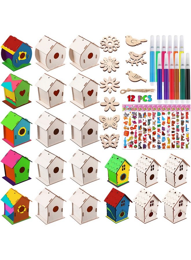 Tuanse 107 Pcs Wooden Birdhouse Diy Kits Includes 21 Unfinished Wood Mini Bird House 24 Watercolor Pen 50 Bird Butterfly Flower Slices 12 Cute Animal Stickers For Kids Adults Diy Craft Making Supplies - Image 1