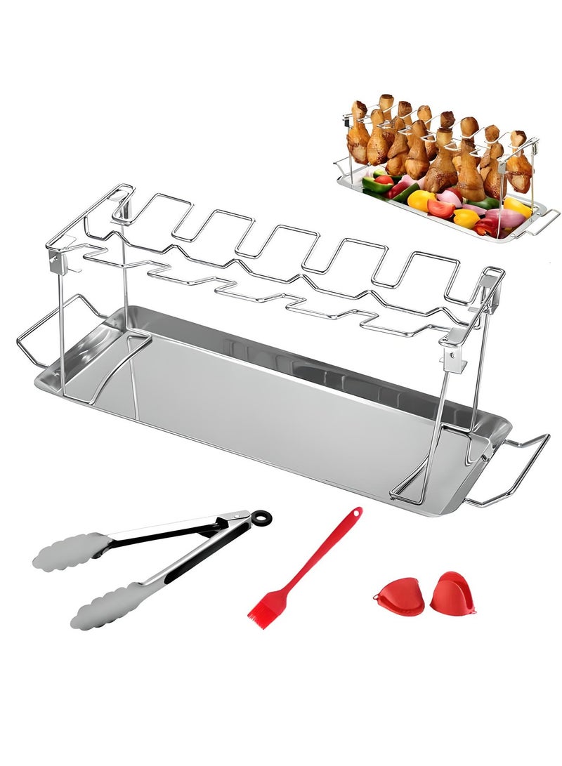 14-Slot Chicken Leg and Wing Rack for Grill with Drip Tray, Stainless Steel Drumstick Holder with Grill Clips, Oil Brush, Heat-Resistant Gloves, BBQ Roasting Stand for Oven, Smoker, Camping & Parties  - Image 1