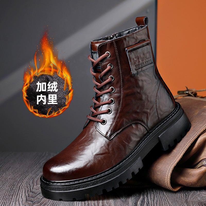 Genuine Leather Martin Boots High-Top British Retro Trendy Casual Soft Leather Boots Fleece-Lined Thick Bottom Side Zipper Overalls Boots - Image 2