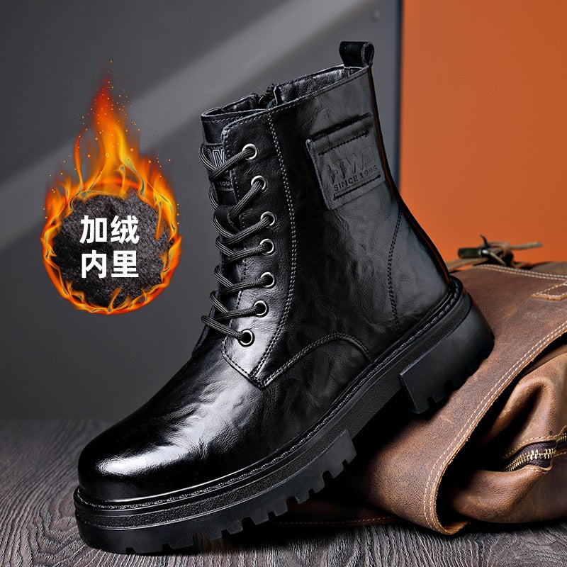 Genuine Leather Martin Boots High-Top British Retro Trendy Casual Soft Leather Boots Fleece-Lined Thick Bottom Side Zipper Overalls Boots - Image 4
