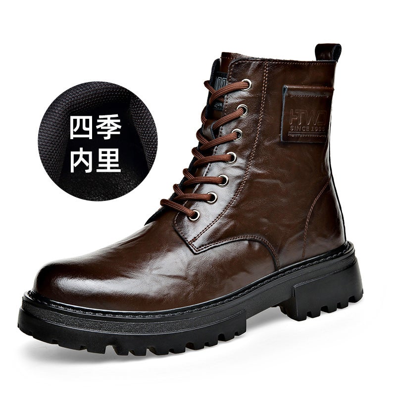 Genuine Leather Martin Boots High-Top British Retro Trendy Casual Soft Leather Boots Fleece-Lined Thick Bottom Side Zipper Overalls Boots - Image 1