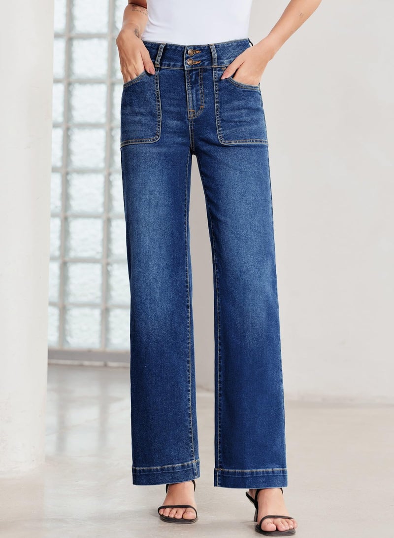 Sidefeel Women's Wide Leg Jeans High Waisted Stretchy Tummy Control Denim Pants Spring Outfits Bluing Size 8 - Image 4