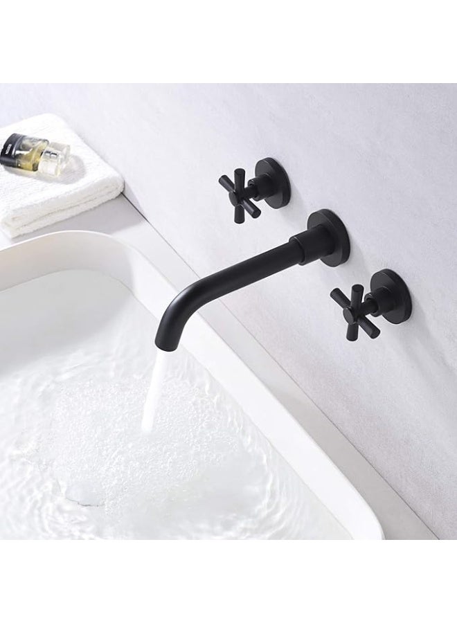 واي دي صنبور حوض حمام يُثبّت على الحائط بمقبضين متقاطعين، مصنوع من النحاس الصلب، ذو فوهة طويلة، خلاط حوض، ماء ساخن وبارد، صنبور حوض غسيل عصري. - Image 1