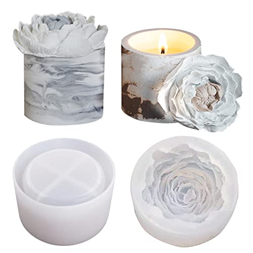 Concrete Plaster Molds  Silicone Concrete Candle Jar Molds with Large Peony Flower Design Includes Lids and Vessels for Candle Making