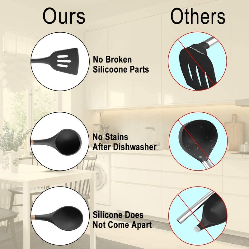 FS COOL 3Piece Cooking Utensils Set Silicone Cooking Utensils with Wood Handle NonStick Cookware UtensilSafe and HeatResistant Includes Solid SpatulaScaperSlotted SpoonBlack - Image 4
