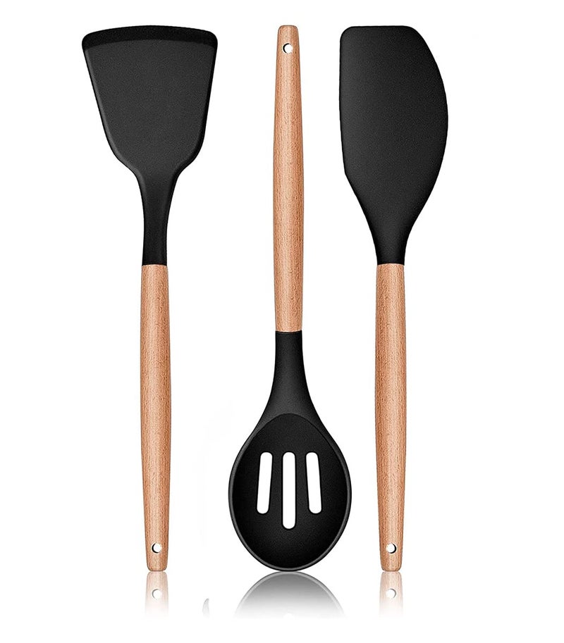 FS COOL 3Piece Cooking Utensils Set Silicone Cooking Utensils with Wood Handle NonStick Cookware UtensilSafe and HeatResistant Includes Solid SpatulaScaperSlotted SpoonBlack - Image 1