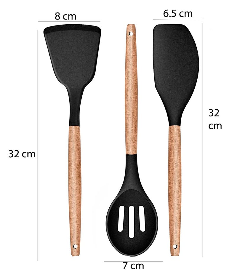 FS COOL 3Piece Cooking Utensils Set Silicone Cooking Utensils with Wood Handle NonStick Cookware UtensilSafe and HeatResistant Includes Solid SpatulaScaperSlotted SpoonBlack - Image 2