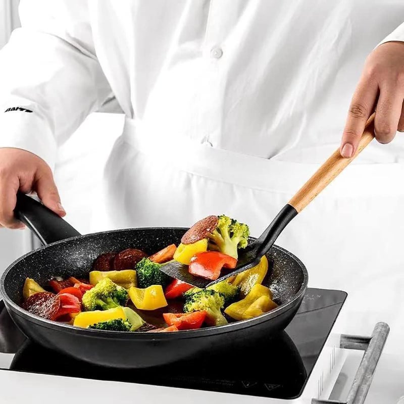 FS COOL 3Piece Cooking Utensils Set Silicone Cooking Utensils with Wood Handle NonStick Cookware UtensilSafe and HeatResistant Includes Solid SpatulaScaperSlotted SpoonBlack - Image 5