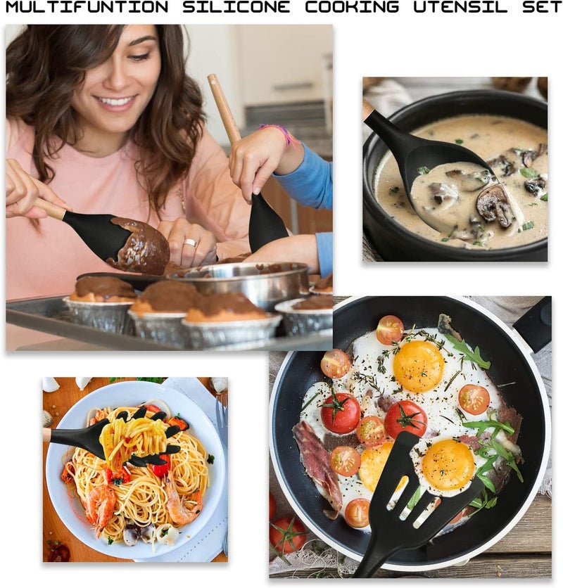 FS COOL 3Piece Cooking Utensils Set Silicone Cooking Utensils with Wood Handle NonStick Cookware UtensilSafe and HeatResistant Includes Solid SpatulaScaperSlotted SpoonBlack - Image 3