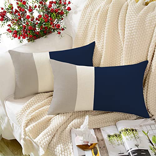 STITCHNEST Navy Geometrical Printed Poly Cotton Rectangular Cushion Cover Pack of 2 (12x18 Inches) - Image 1