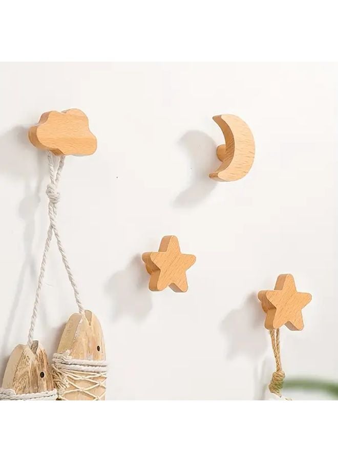 4Pcs Solid Wood Hooks Cloud Star Moon Shapes No Drilling Installation - Image 3