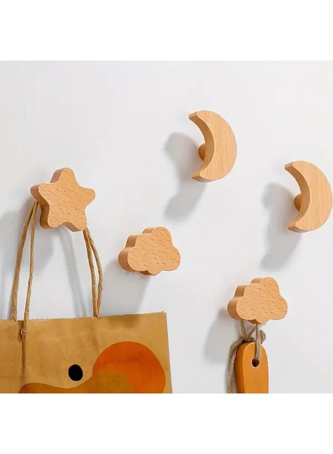4Pcs Solid Wood Hooks Cloud Star Moon Shapes No Drilling Installation - Image 2