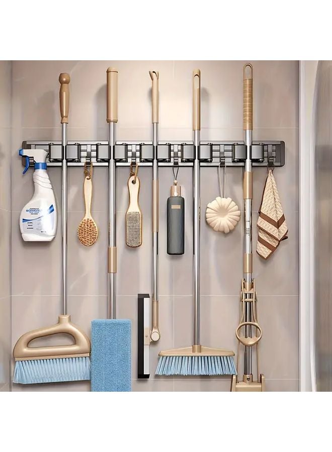 Heavy Duty Metal Mop Broom Holder Wall Mounted 5 Hooks 4 Clips Grey Storage Rack - Image 5