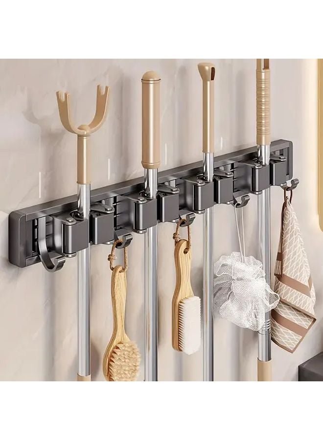 Heavy Duty Metal Mop Broom Holder Wall Mounted 5 Hooks 4 Clips Grey Storage Rack - Image 4