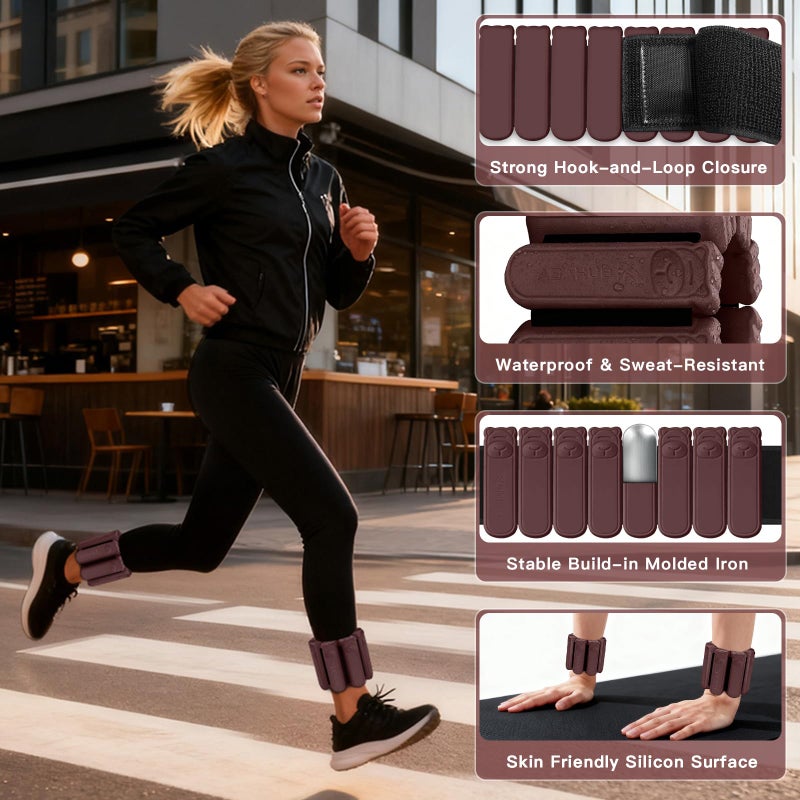 Abahub Adjustable Wrist & Ankle Weights 2Pack, Wearable Silicone Weighted Bracelet for Women, Arm Leg Weights for Home Gym Workout, Running, Yoga & Pilates - Brown (2LB Total) - Image 2