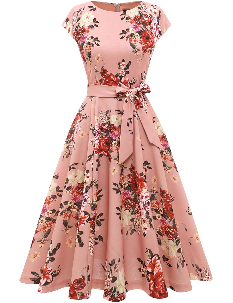 DRESSTELLS Coctail Dresses for Women 2026 Formal Wedding Guest,Floral Spring Easter Summer Garden Party Vintage 1950s Petite Dress Print Blush Flower XS - Image 2