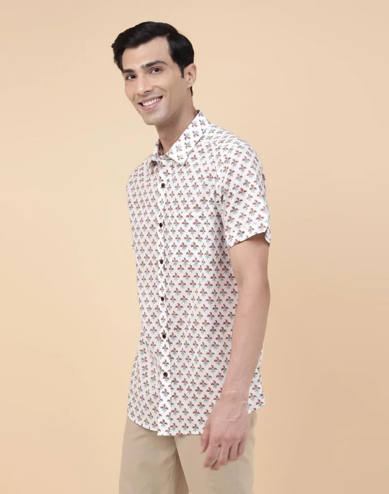 Fabindia  White Cotton Hand Block Printed Shirt for Men | Best Price UAE