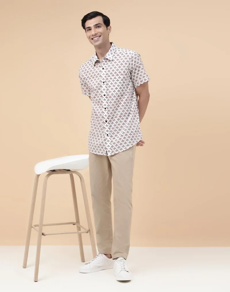Fabindia  White Cotton Hand Block Printed Shirt for Men | Best Price UAE