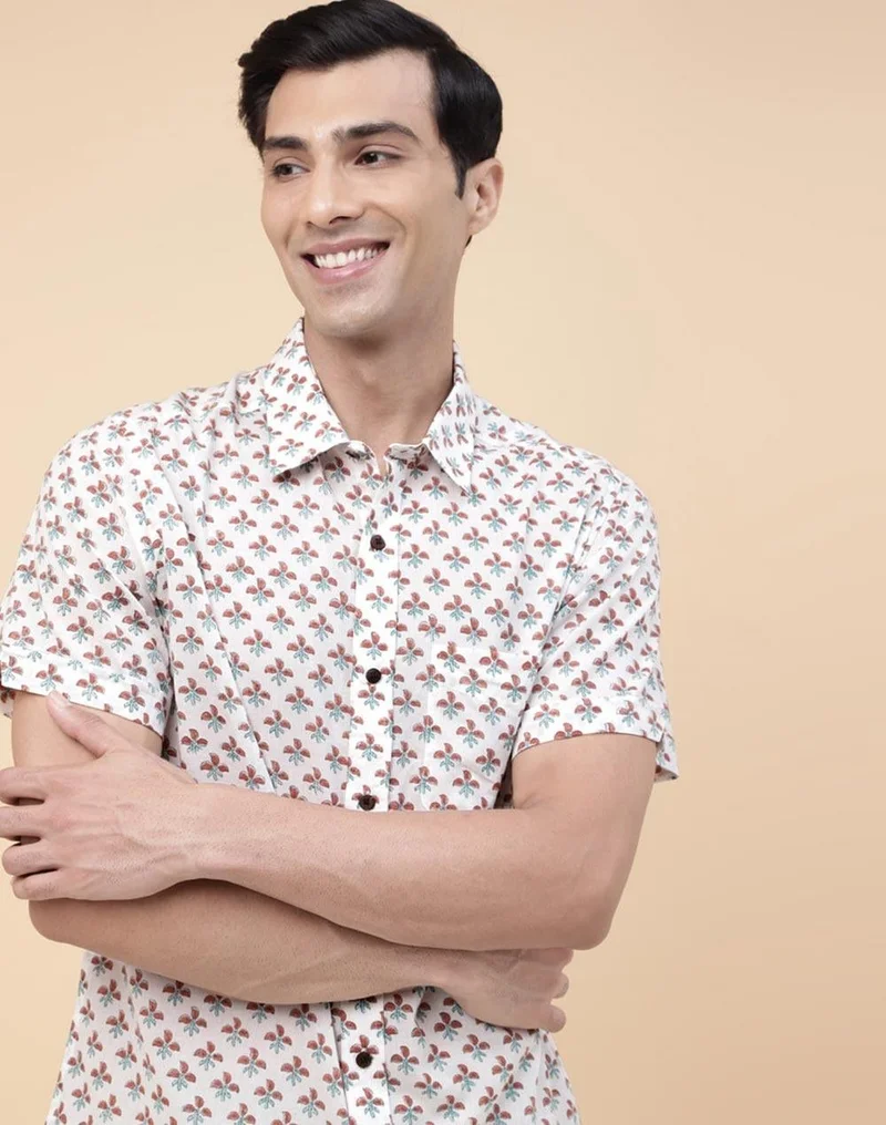 Fabindia White Cotton Hand Block Printed Shirt