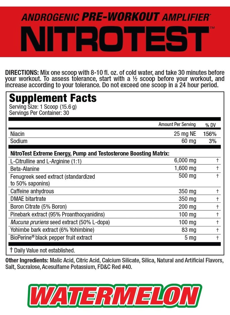 MUSCLEMEDS - Musclemeds, Nitrotest, Pre Workout, 468g, Watermelon, 30 Servings - Image 1