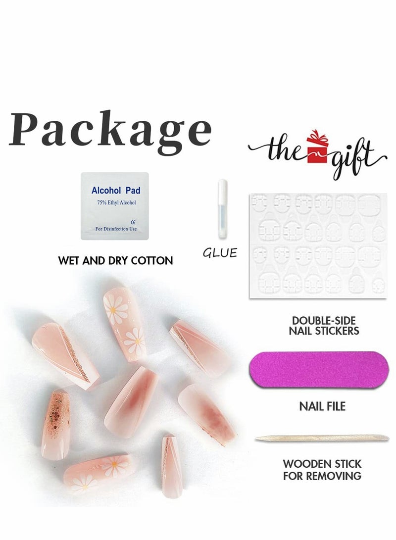 Excefore Press on Nails, 24PCS Glossy French Tips Square Shape Glue on Nails,  Flower Glitter Sequins Gradient Pink Full Cover Fake Nails with Designs, Acrylic False Nails for Women Girls DIY Manicure - Image 3