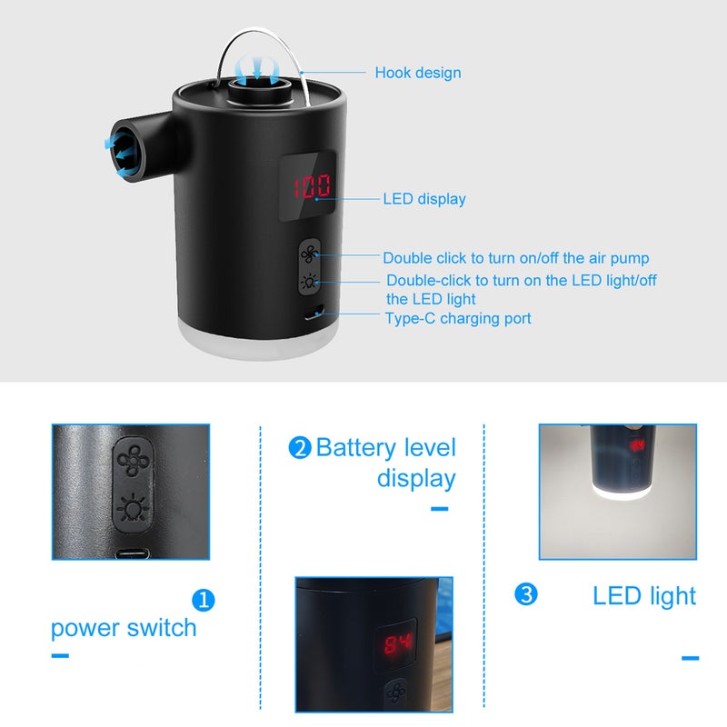 Portable Air Pump Cordless Electric Air Compressor Inflation & Deflation Pump with 3 Nozzles & 3-Mode LED Light for Inflation Pool AirMattress Airbed Swimming Rings - Image 5