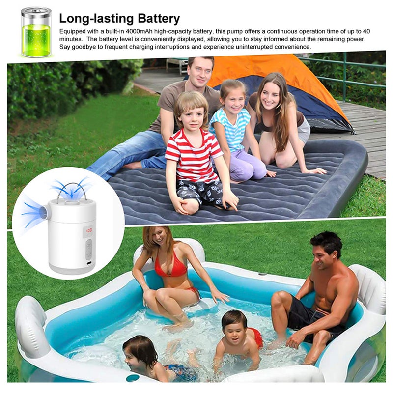 Portable Air Pump Cordless Electric Air Compressor Inflation & Deflation Pump with 3 Nozzles & 3-Mode LED Light for Inflation Pool AirMattress Airbed Swimming Rings - Image 3