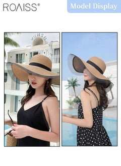 roaiss Wide Brim Floppy Straw Hat for Women， Foldable Breathable Sun Hat with Mesh Decoration, Summer UV Protection Beach Cap Black Khaki  - Image 5