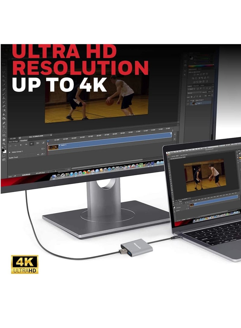 هوني ويل محول 3 في 1 عالي السرعة من النوع C إلى HDMI، شحن PD حتى 100 وات، USB3.0 يوفر سرعة نقل سريعة تصل إلى 5 جيجابايت في الثانية، UHD 4K@30Hz، متوافق عالميًا مع جميع أجهزة النوع C، هيكل من الألومنيوم - Image 3