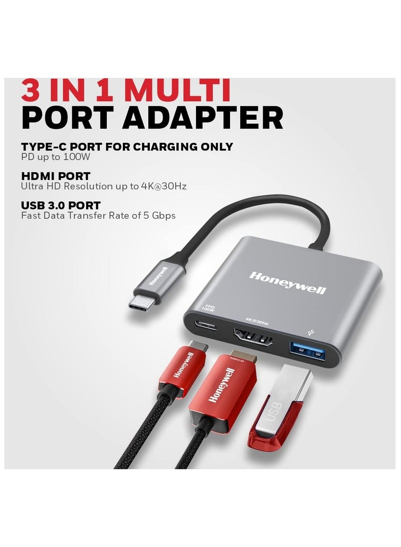 هوني ويل محول 3 في 1 عالي السرعة من النوع C إلى HDMI، شحن PD حتى 100 وات، USB3.0 يوفر سرعة نقل سريعة تصل إلى 5 جيجابايت في الثانية، UHD 4K@30Hz، متوافق عالميًا مع جميع أجهزة النوع C، هيكل من الألومنيوم - Image 2