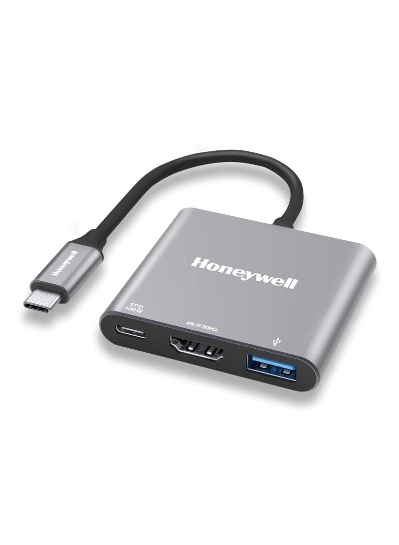 هوني ويل محول 3 في 1 عالي السرعة من النوع C إلى HDMI، شحن PD حتى 100 وات، USB3.0 يوفر سرعة نقل سريعة تصل إلى 5 جيجابايت في الثانية، UHD 4K@30Hz، متوافق عالميًا مع جميع أجهزة النوع C، هيكل من الألومنيوم - Image 1