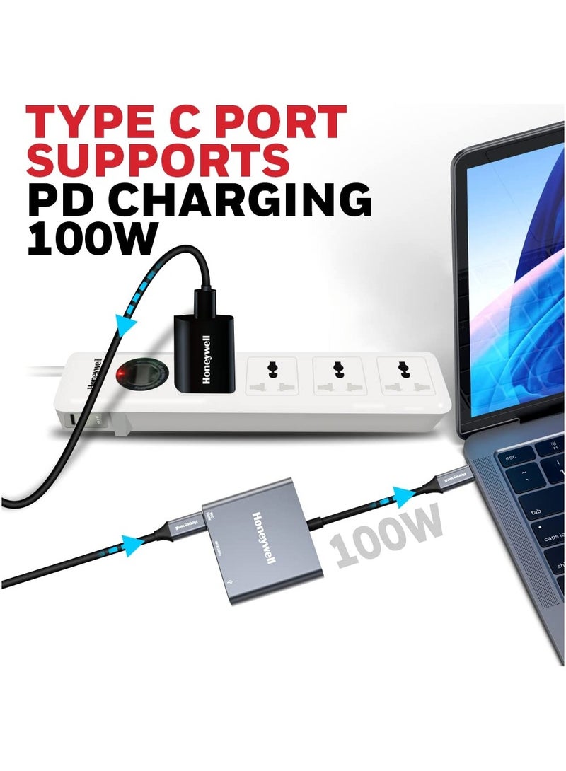 هوني ويل محول 3 في 1 عالي السرعة من النوع C إلى HDMI، شحن PD حتى 100 وات، USB3.0 يوفر سرعة نقل سريعة تصل إلى 5 جيجابايت في الثانية، UHD 4K@30Hz، متوافق عالميًا مع جميع أجهزة النوع C، هيكل من الألومنيوم - Image 4