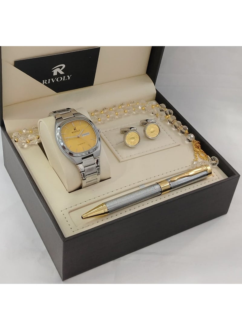 Men's stainless steel set consisting of a watch, a rosary, a pen and cufflinks
